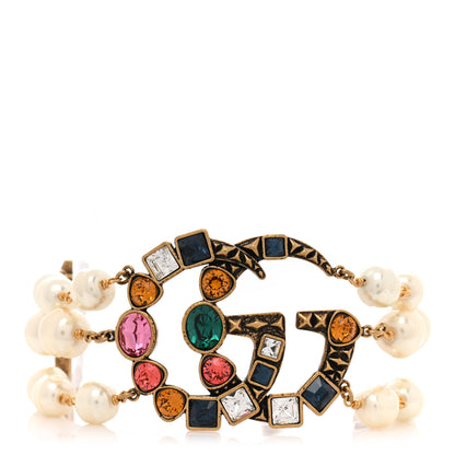 Gucci Metal Crystal Pearl Double G Bracelet Aged Gold Multicolor 1 of 5