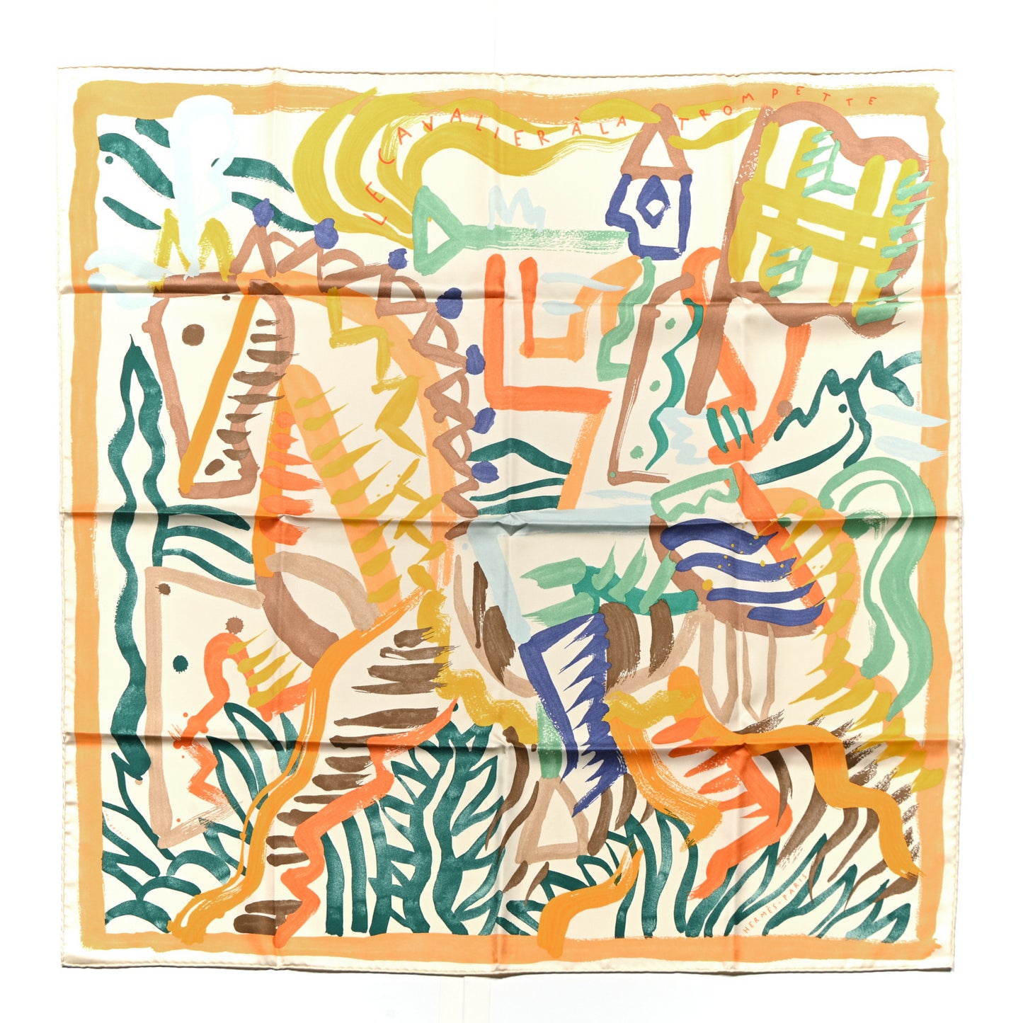 Silk Twill Le Cavalier a la Trompette Scarf 90 Ivorie Jaune Vert