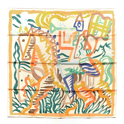 Hermes Silk Twill Le Cavalier a la Trompette Scarf 90 Ivorie Jaune Vert 1 of 6