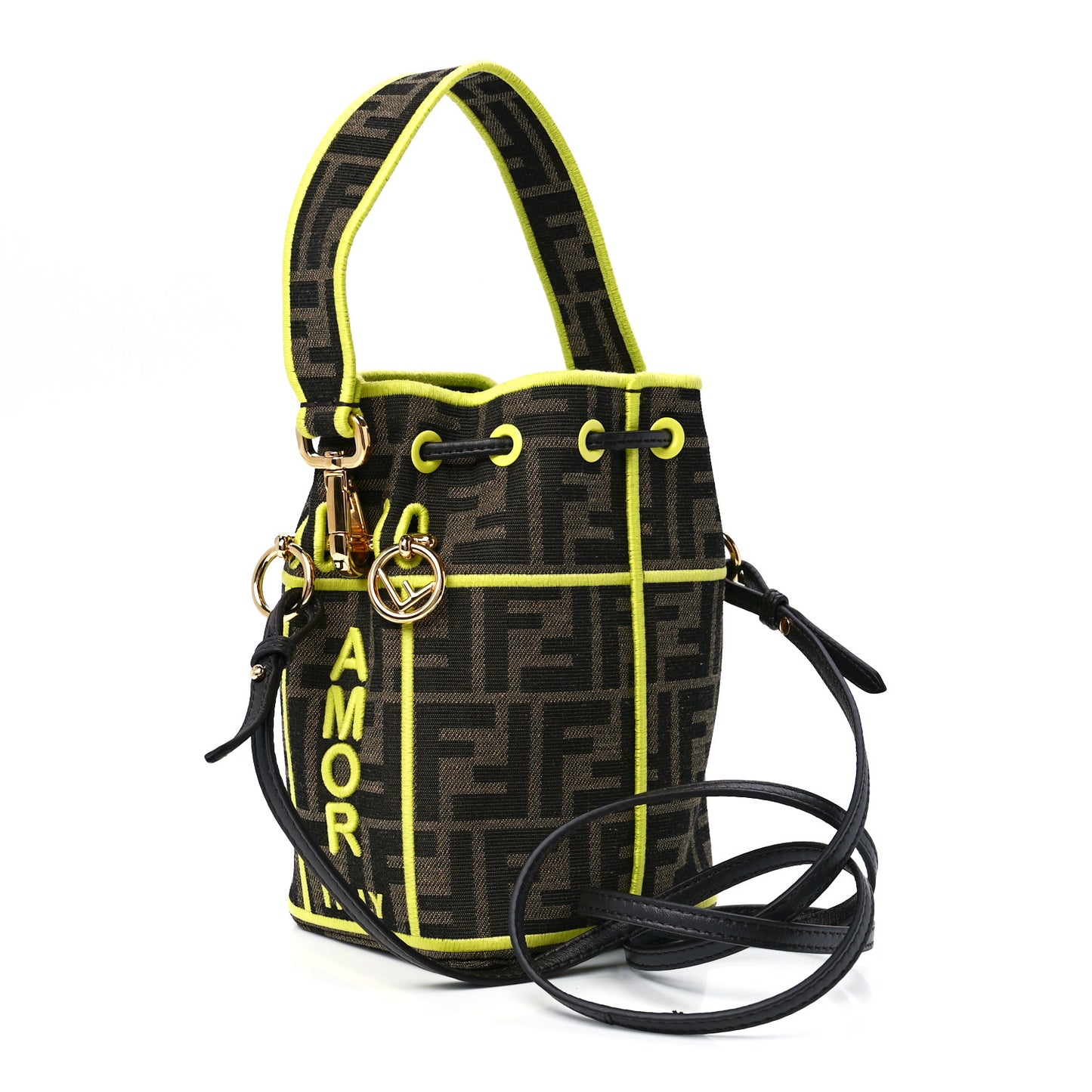 Fabric Jacquard Shiny Nappa FF 1974 Logo Threaded Edge Mini Mon Tresor Bucket Bag Tobacco Moro Giallo Fluo