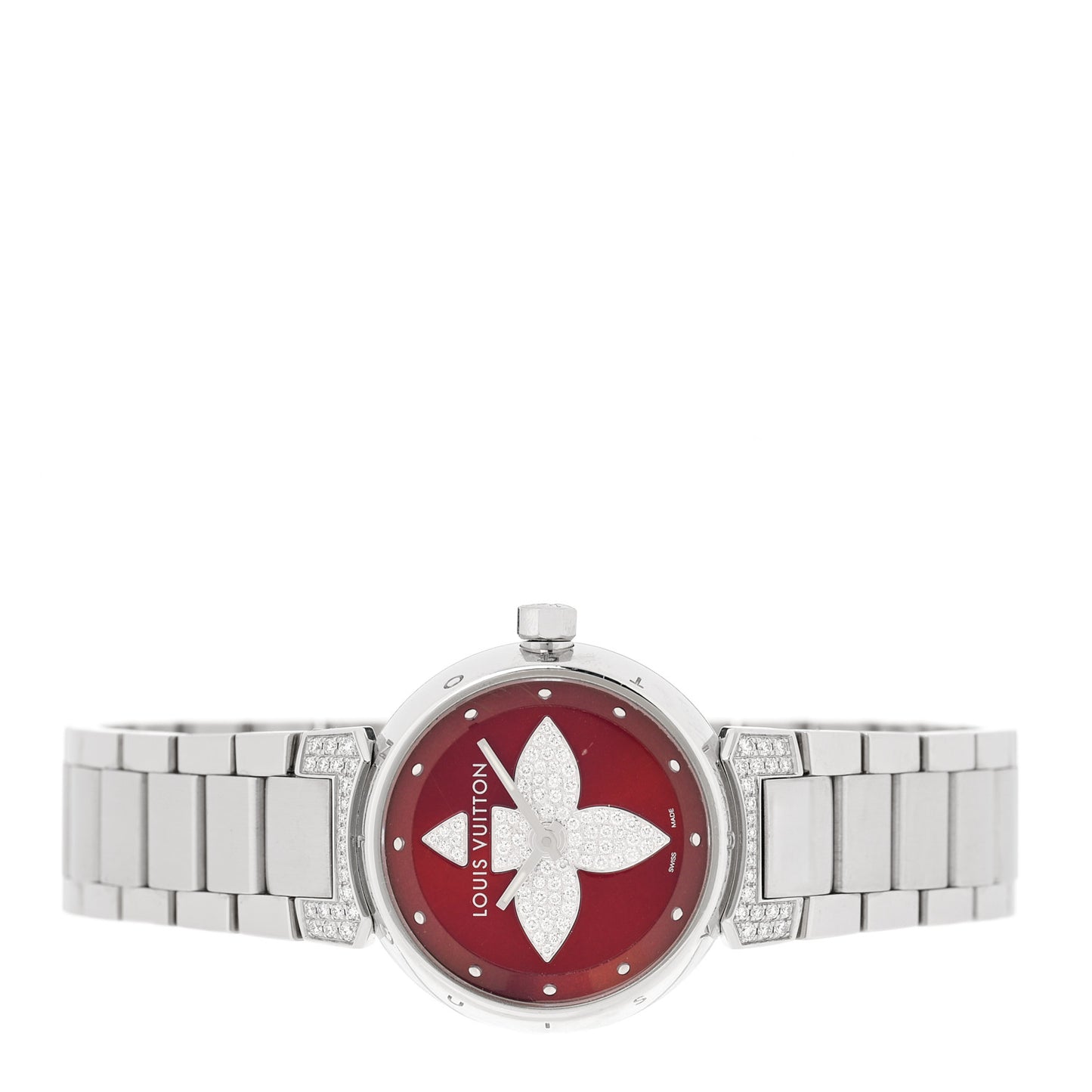 Stainless Steel Diamond 28mm Tambour Forever Pom Quartz Watch Red