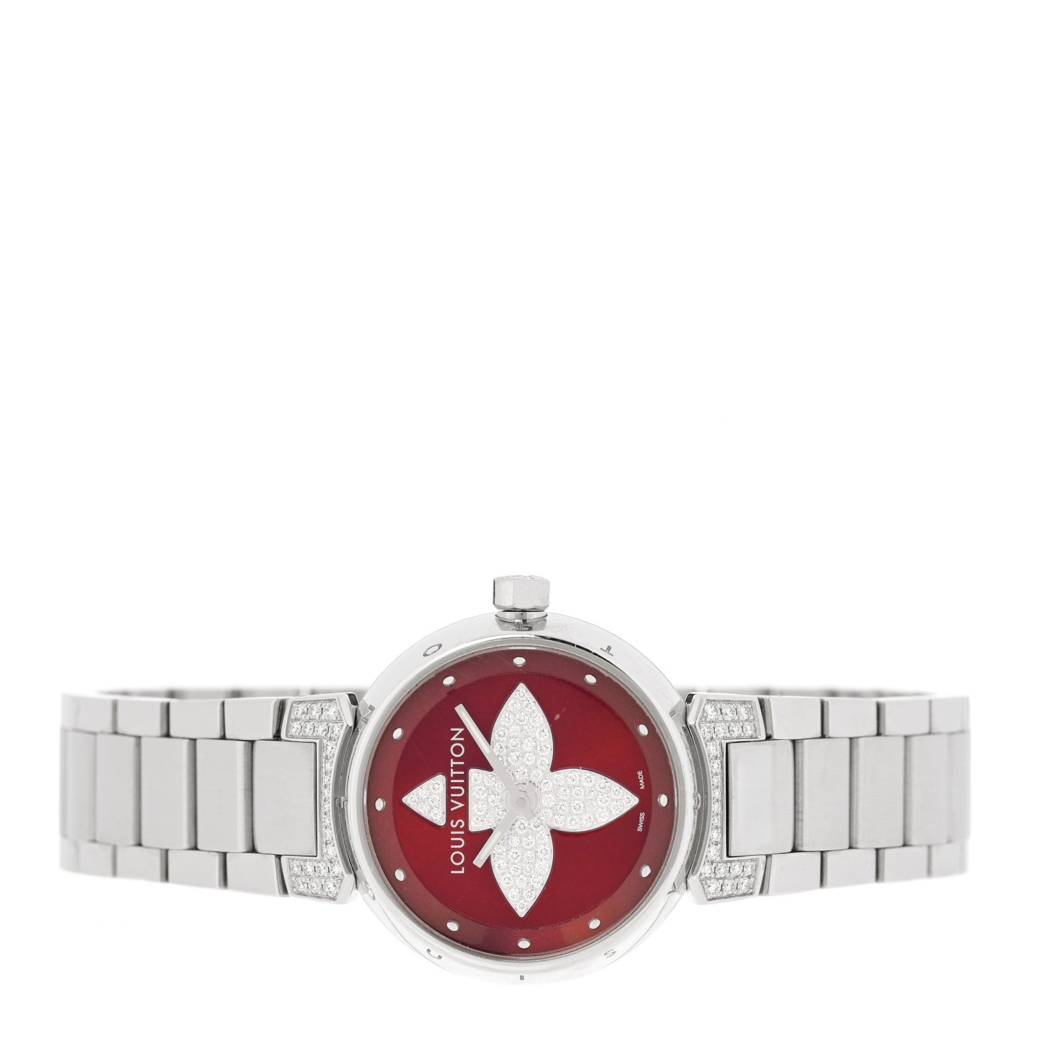 Louis Vuitton Stainless Steel Diamond 28mm Tambour Forever Pom Quartz Watch Red 2 of 8