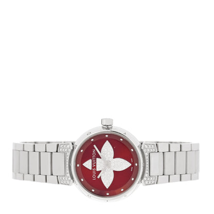 Louis Vuitton Stainless Steel Diamond 28mm Tambour Forever Pom Quartz Watch Red 2 of 8