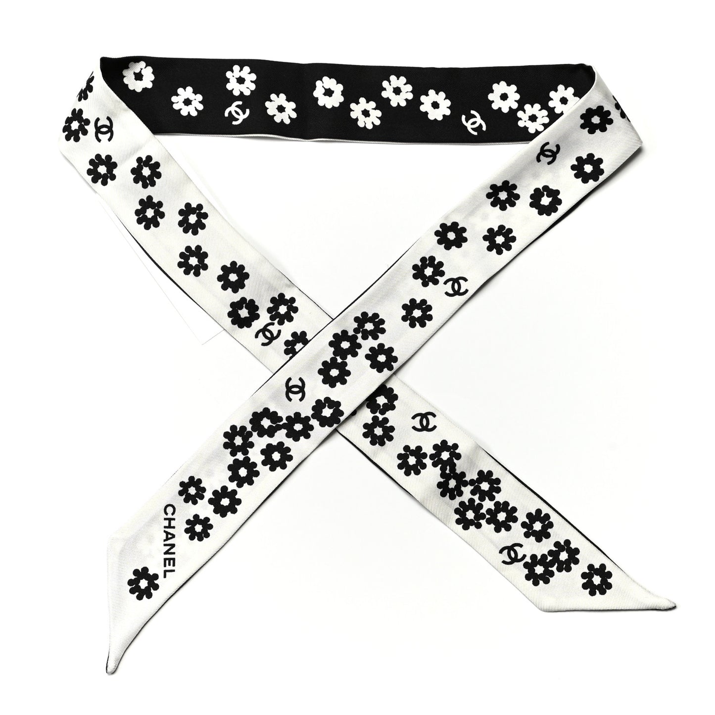 Silk Twill CC Flowers Slim Bandeau Scarf White Black