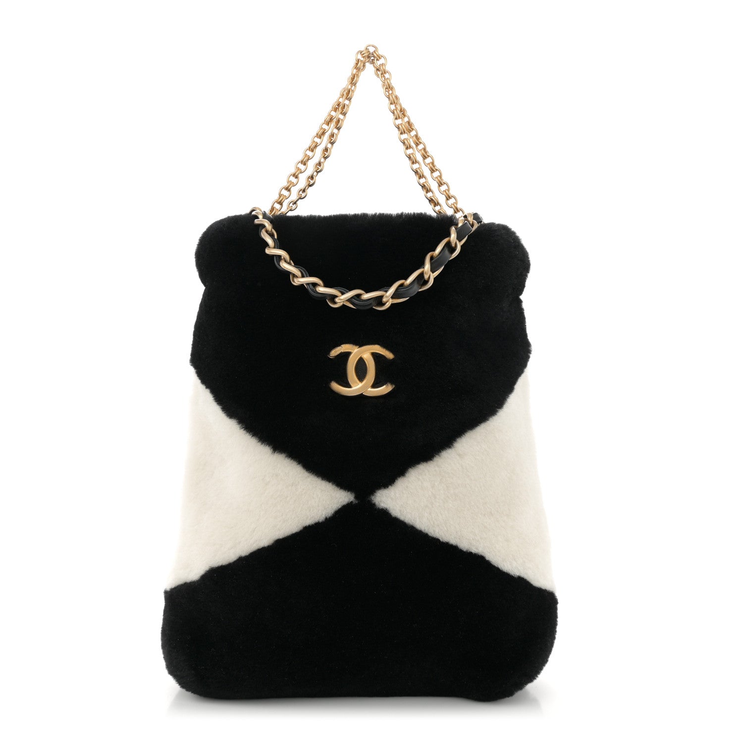 Chanel Shearling Checkered Drawstring Bag White Black 1 of 10
