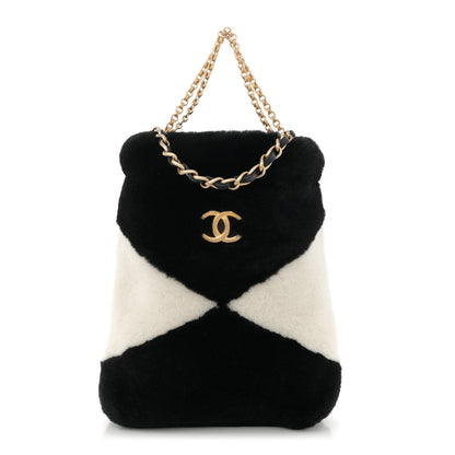 Chanel Shearling Checkered Drawstring Bag White Black 1 of 10