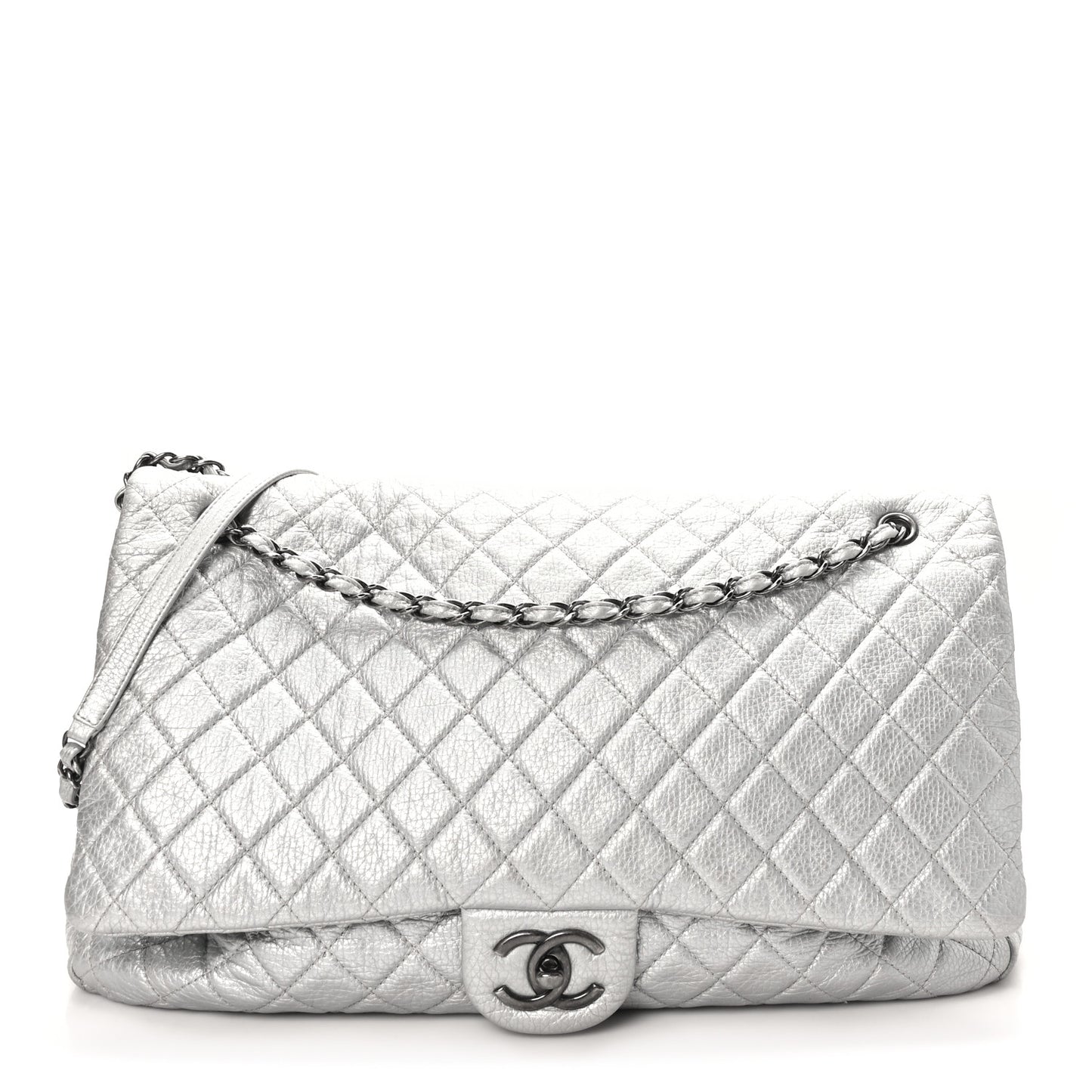 Metallic Calfskin Quilted XXL Travel Flap Bag Silver