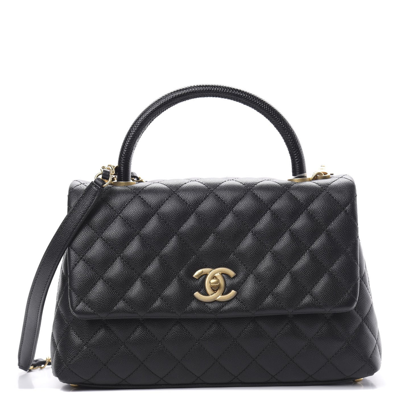 Caviar Lizard Embossed Quilted Small Coco Handle Flap Black