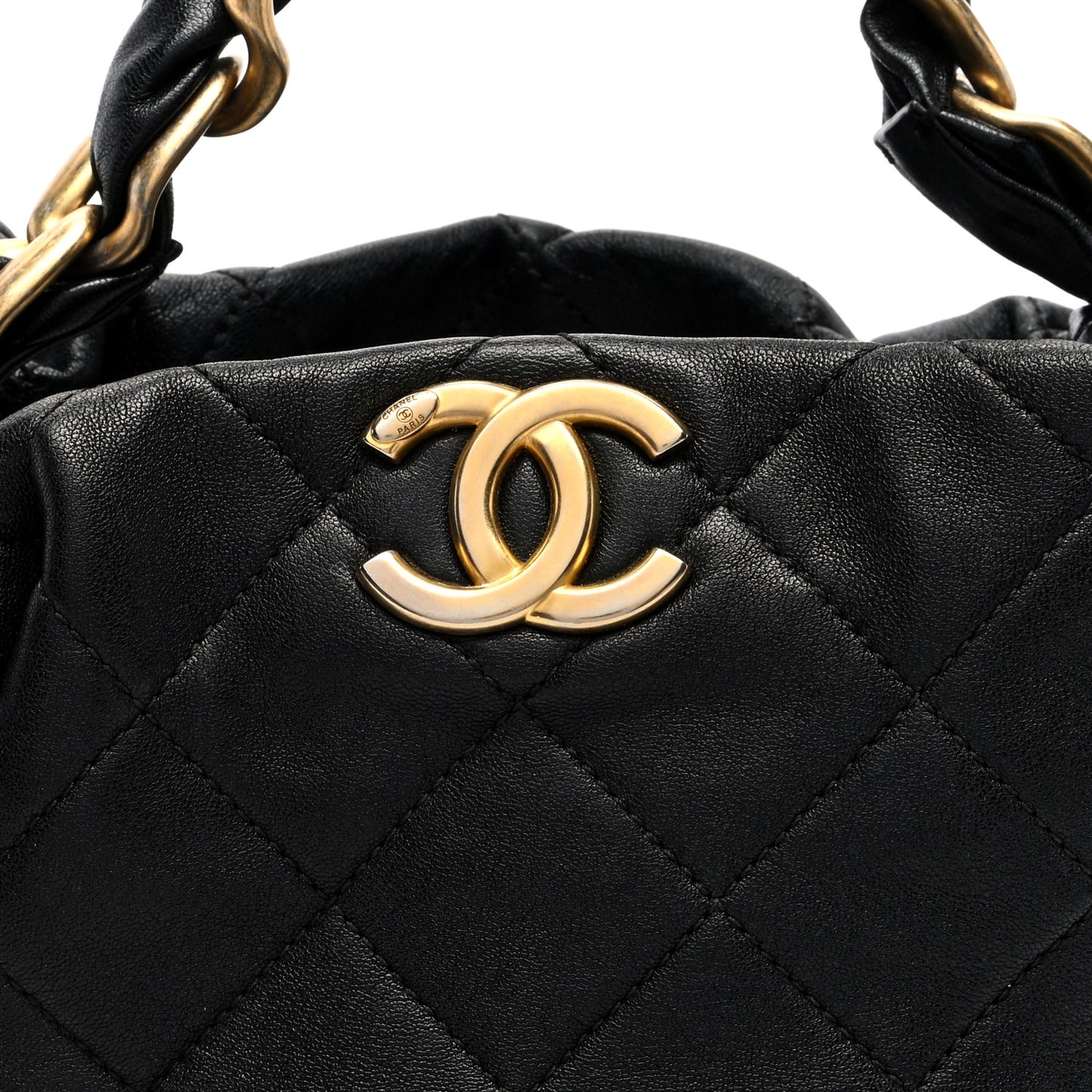 Shiny Lambskin Quilted Small Chain Is More Drawstring Bag Black