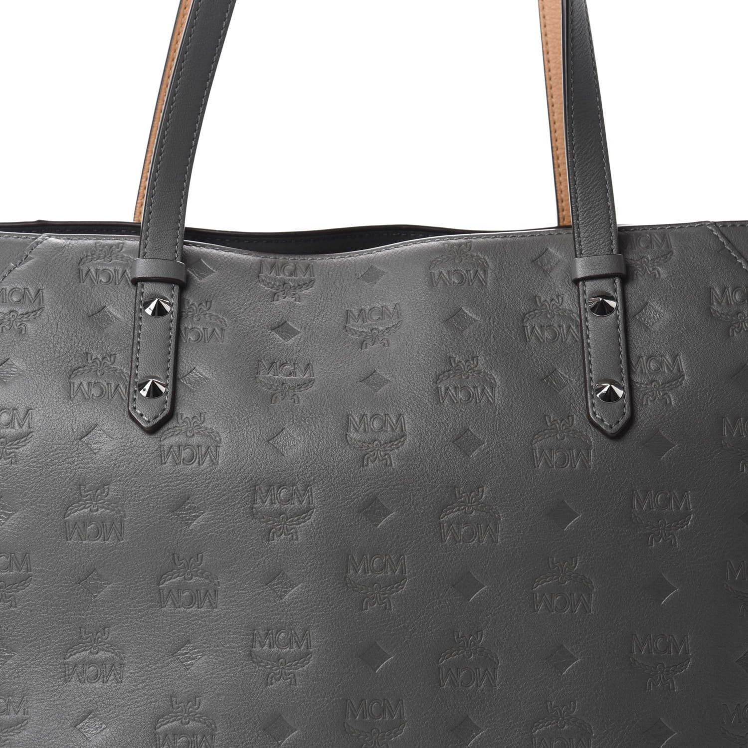 MCM Calfskin Ottomar Monogram Medium Klara Top Zip Tote Charcoal 9 of 9