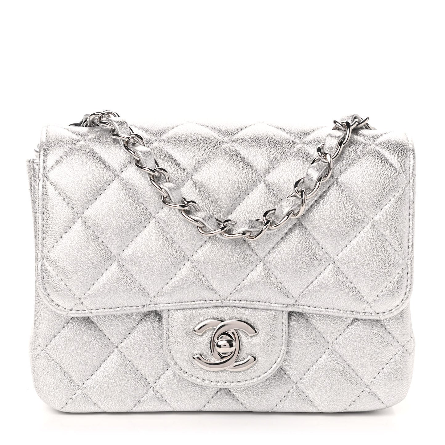 Metallic Lambskin Quilted Mini Square Flap Silver