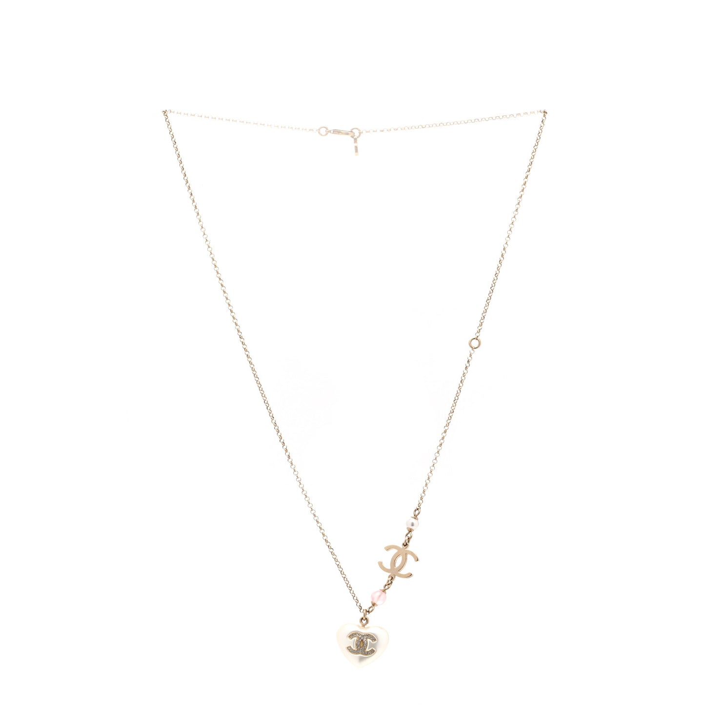 Pearl Crystal CC Heart Necklace Gold Pearly White