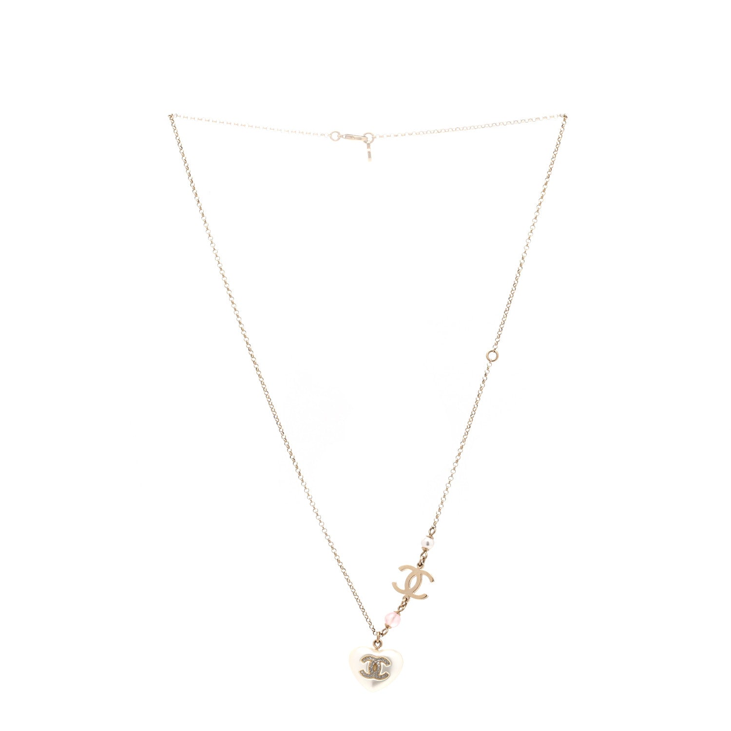 Chanel Pearl Crystal CC Heart Necklace Gold Pearly White 3 of 6