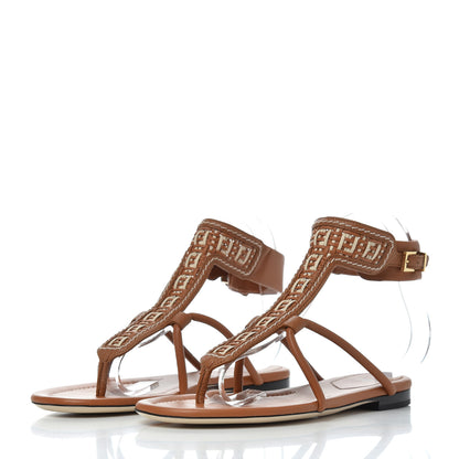 Fendi Calfskin FF Woven Ankle Wrap Flat Sandals 38 Brandy Camelia 3 of 8