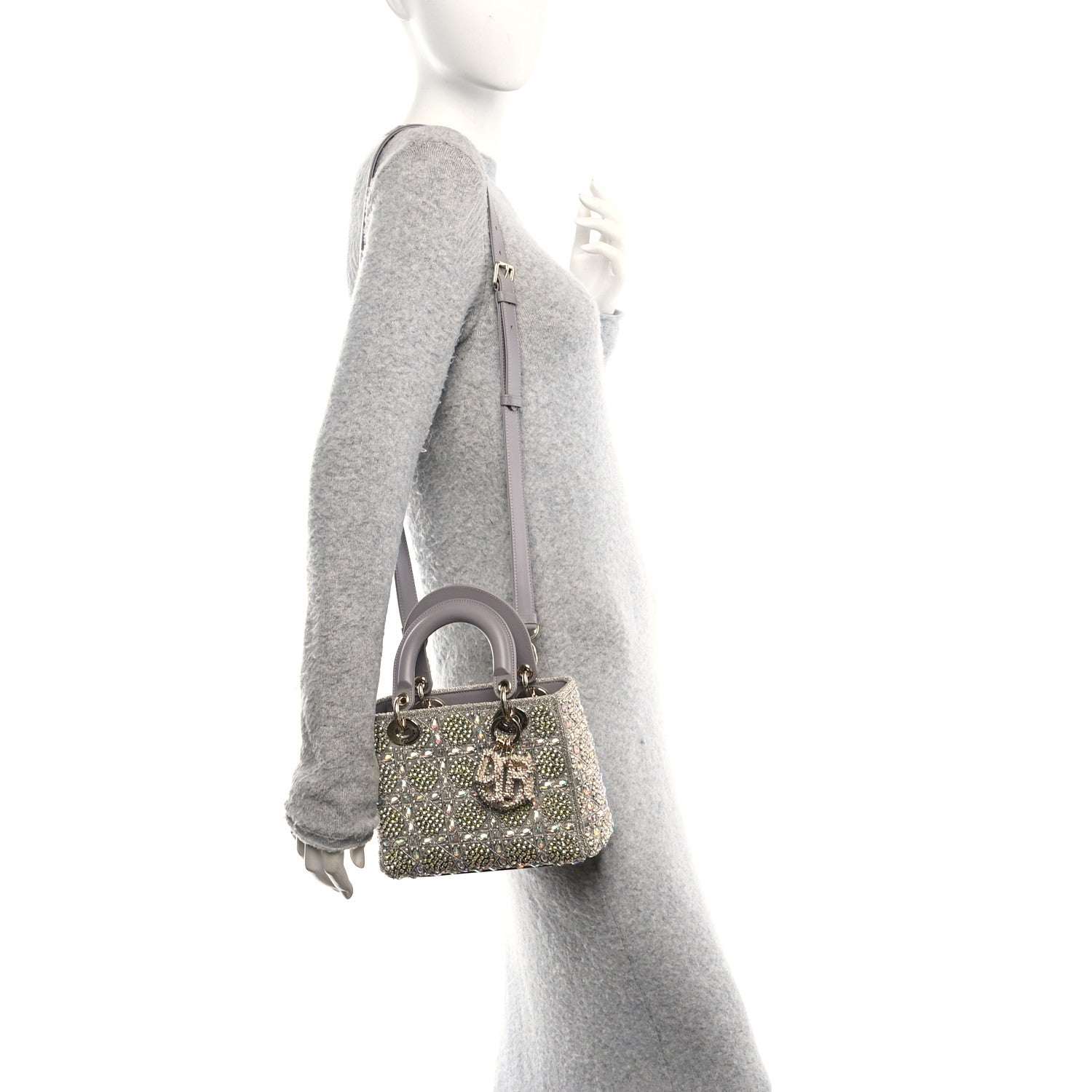 Christian Dior Calfskin Satin Celestial Bead Embroidery Embroidered Small Lady Dior Grey Multicolor 2 of 10