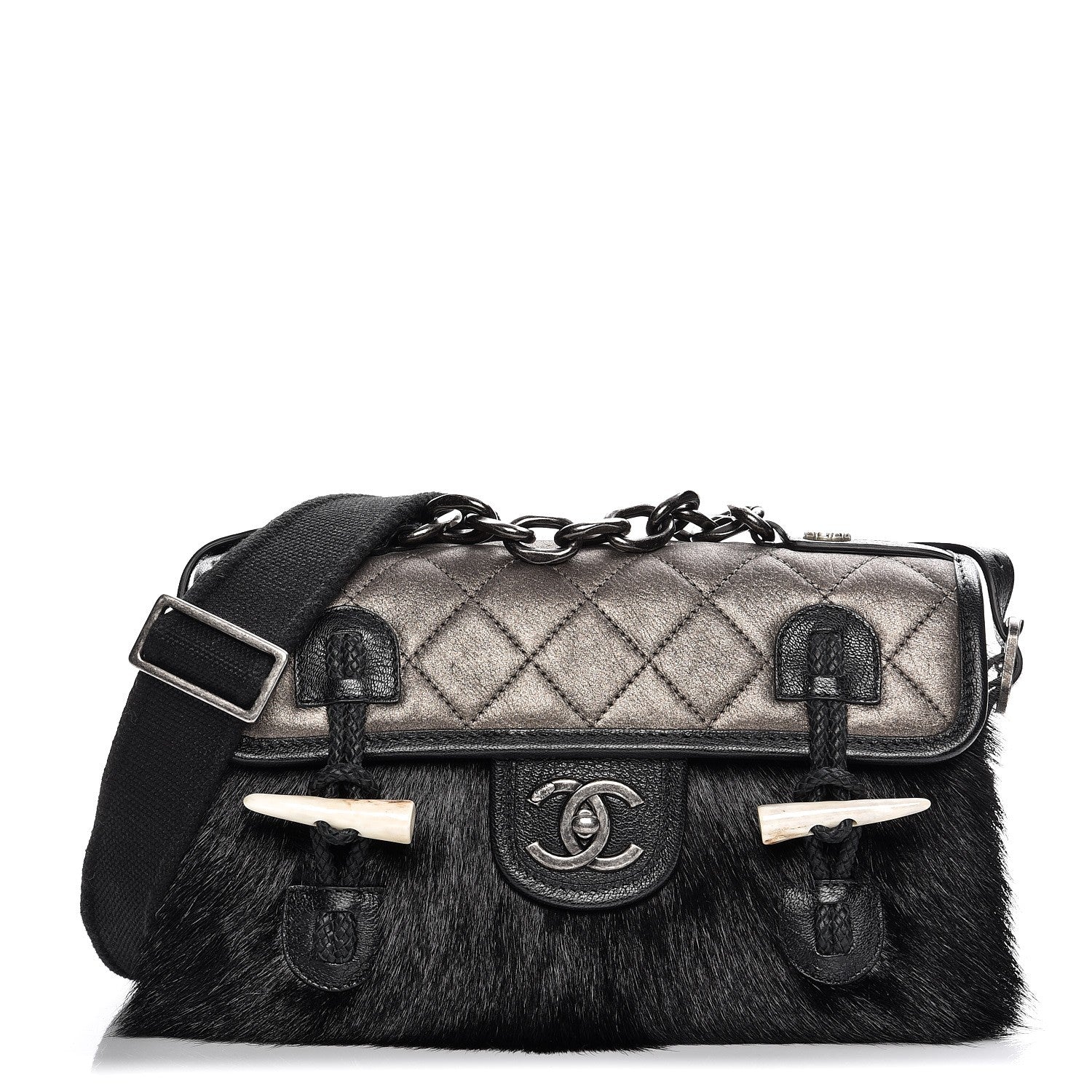 Chanel Metallic Goatskin Fur Quilted Hunting Flap Silver Black 1 of 10