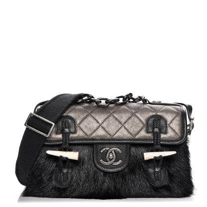 Chanel Metallic Goatskin Fur Quilted Hunting Flap Silver Black 1 of 10