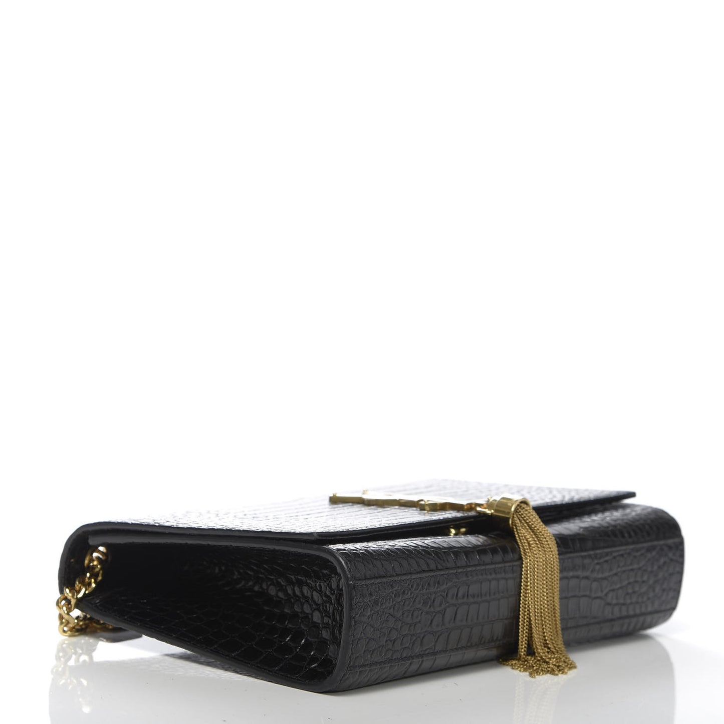 Calfskin Crocodile Embossed Medium Classic Monogram Kate Tassel Satchel Black