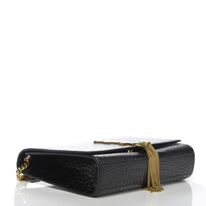 Saint Laurent Calfskin Crocodile Embossed Medium Classic Monogram Kate Tassel Satchel Black 4 of 10