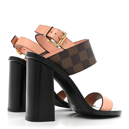 Louis Vuitton Calfskin Damier Ebene Passenger Heeled Sandals 37 Venus Pink 4 of 14