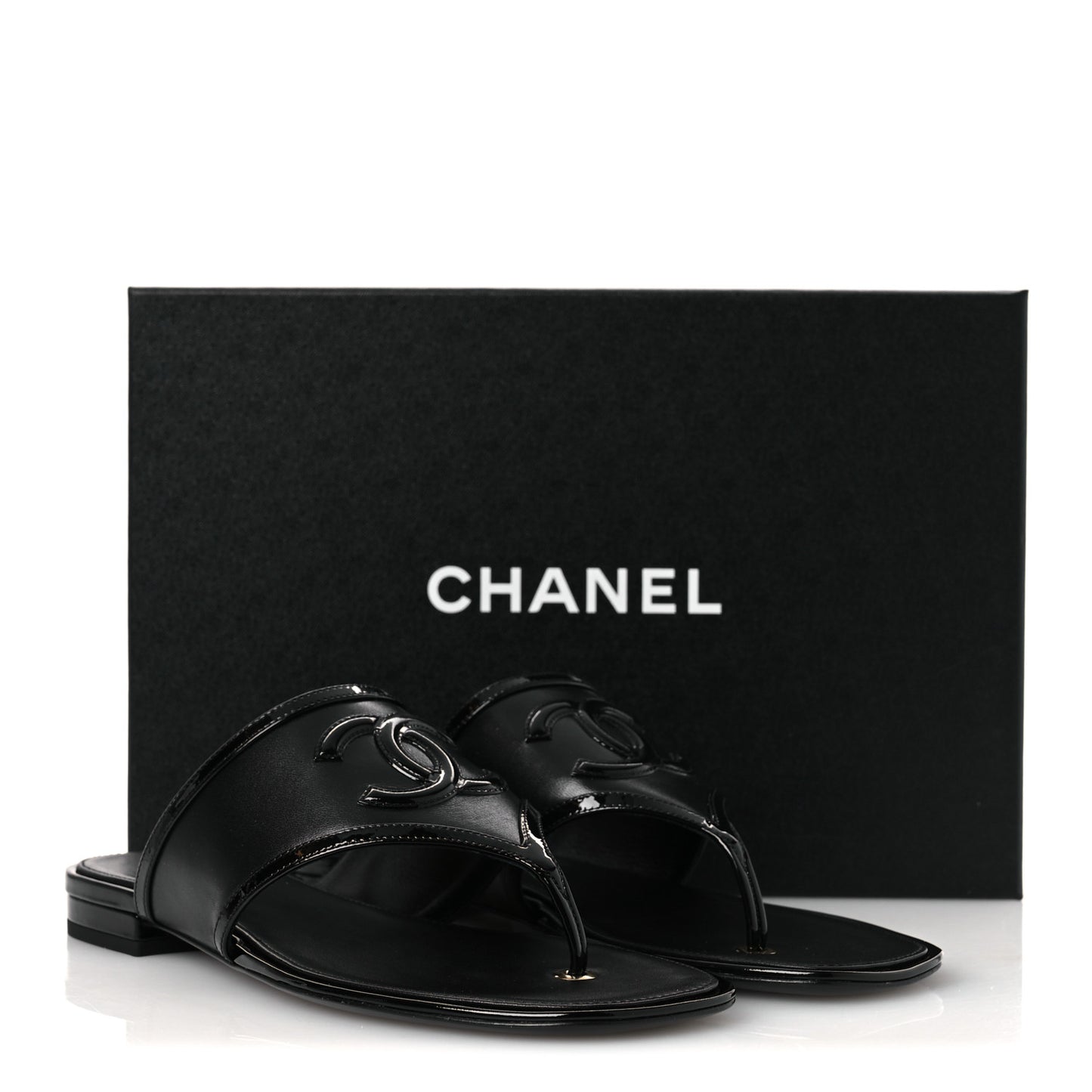 Lambskin Patent Calfskin CC Thong Sandals 39 Black
