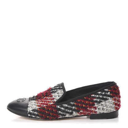 Chanel Tweed Cap Toe Loafers 38 Red Black 1 of 15