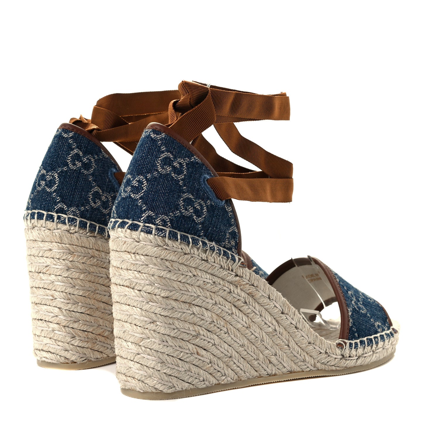 Denim GG Monogram Ankle Wrap Platform Espadrille Wedges 38.5 Blue Tea Cuir