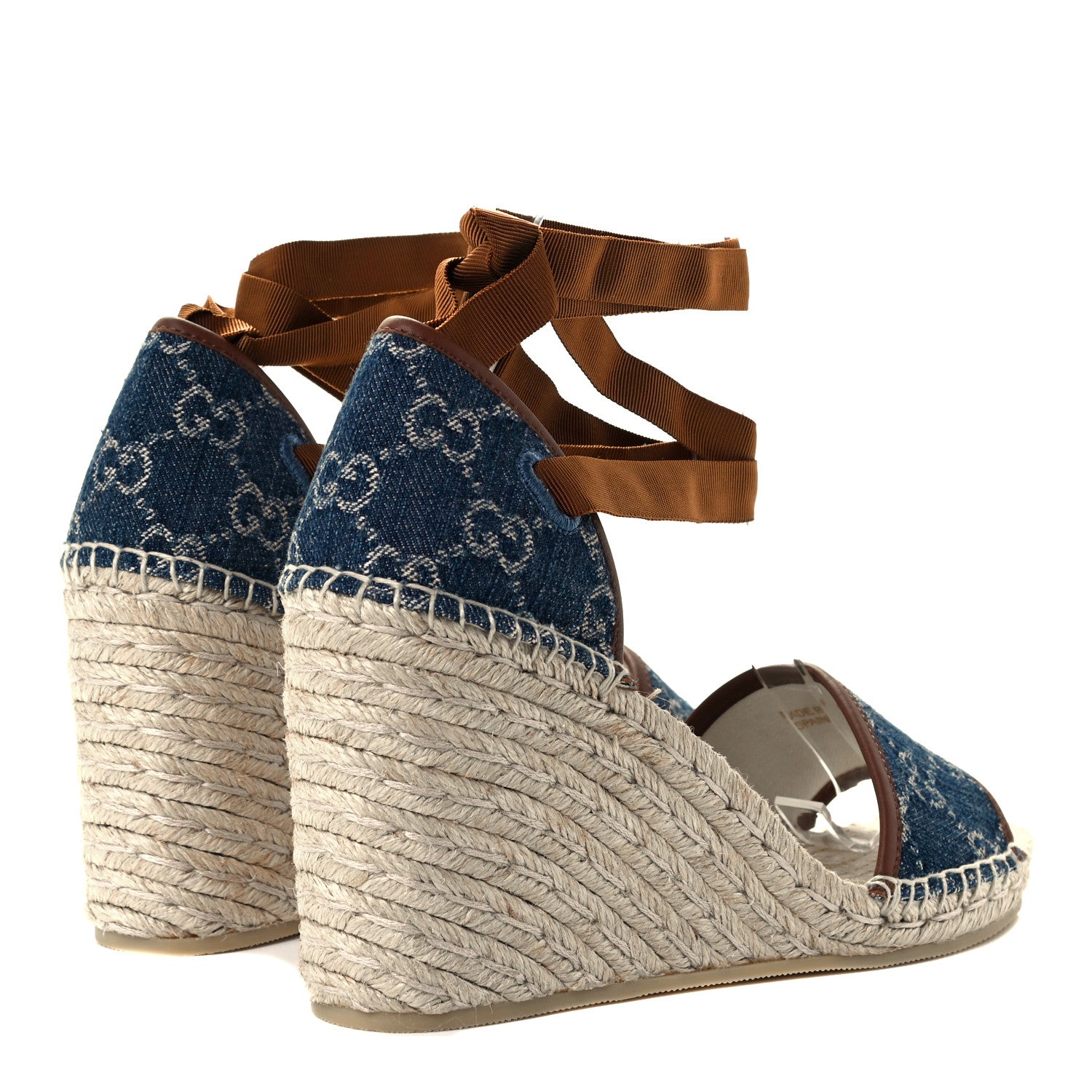 Gucci Denim GG Monogram Ankle Wrap Platform Espadrille Wedges 38.5 Blue Tea Cuir 4 of 14