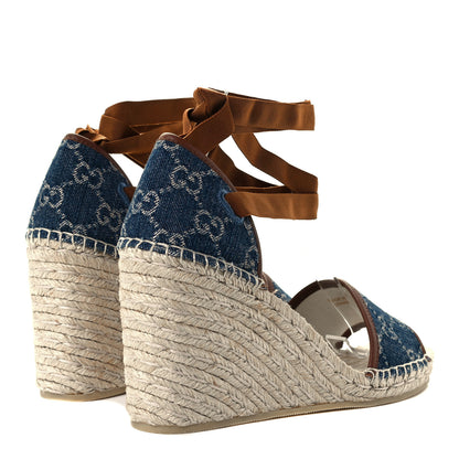 Gucci Denim GG Monogram Ankle Wrap Platform Espadrille Wedges 38.5 Blue Tea Cuir 4 of 14