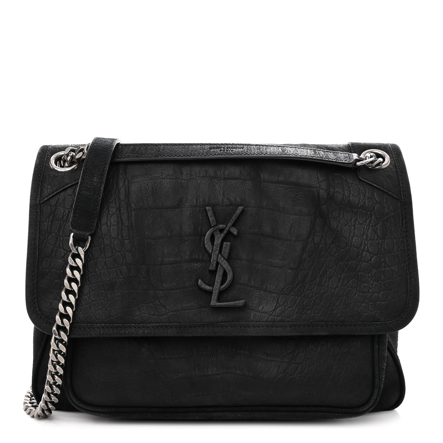 Nubuck Crocodile Embossed Monogram Medium Niki Chain Satchel Black