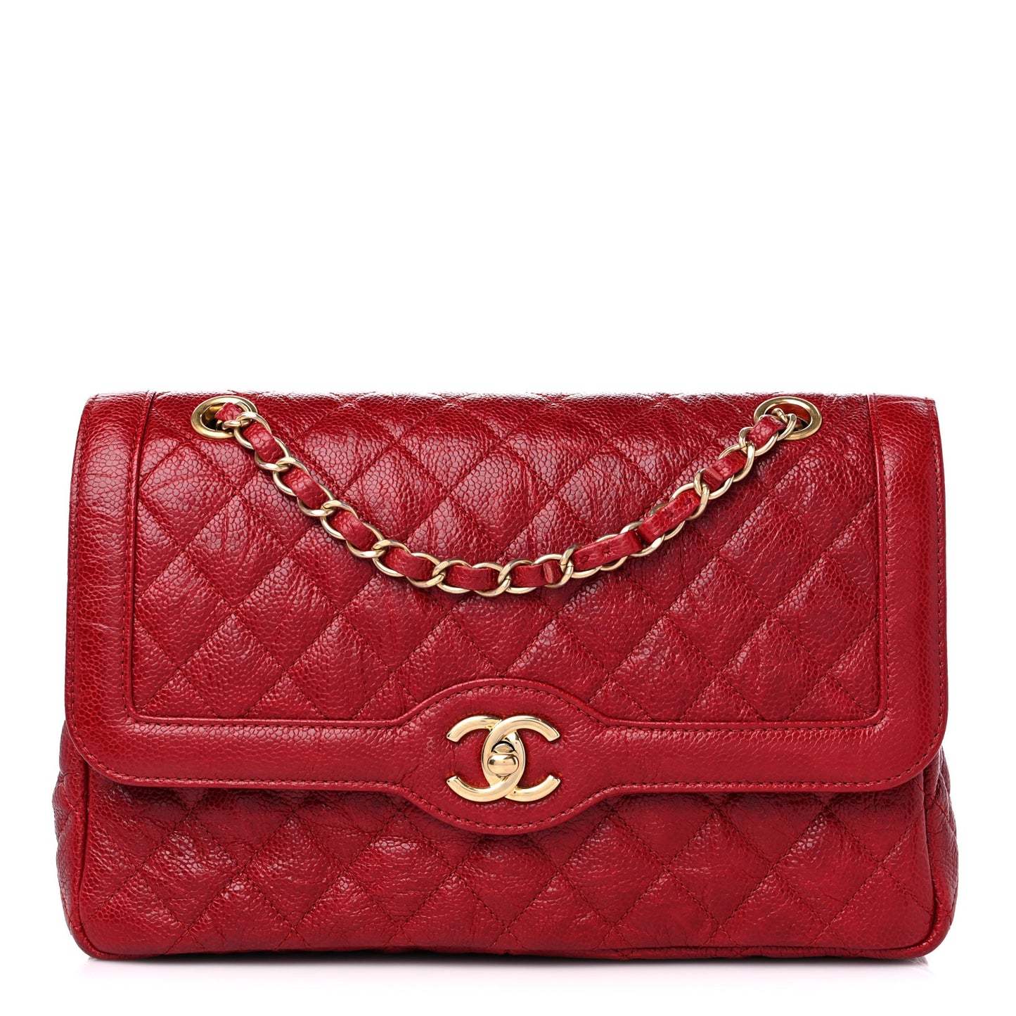 Crumpled Grained Calfskin Quilted Large Two Tone Flap Bag Red