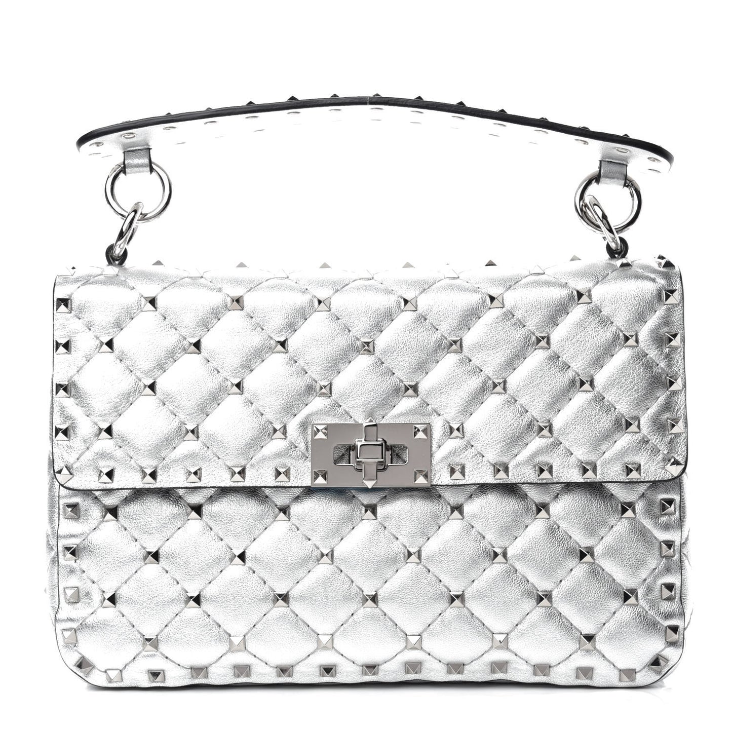 Metallic Nappa Medium Rockstud Spike Shoulder Bag Silver