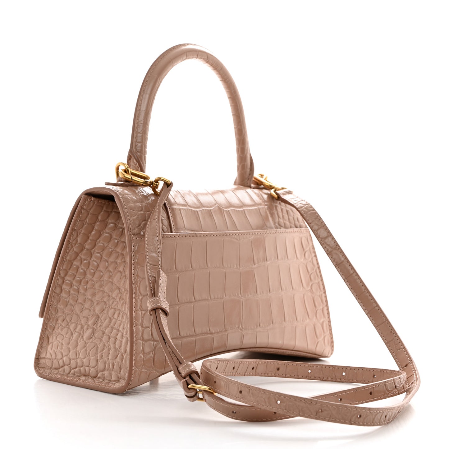 Shiny Calfskin Crocodile Embossed Small Hourglass Top Handle Bag Nude Beige