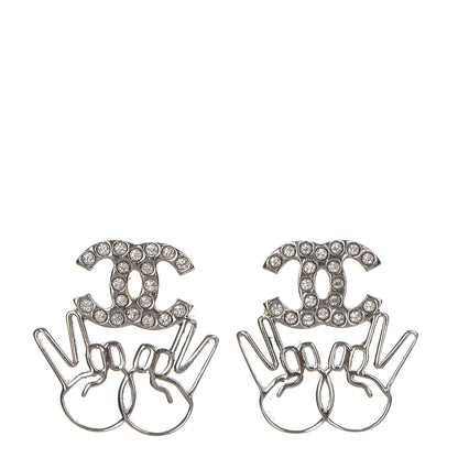 Chanel Crystal CC Peace Sign Emoji Earrings Silver 1 of 4