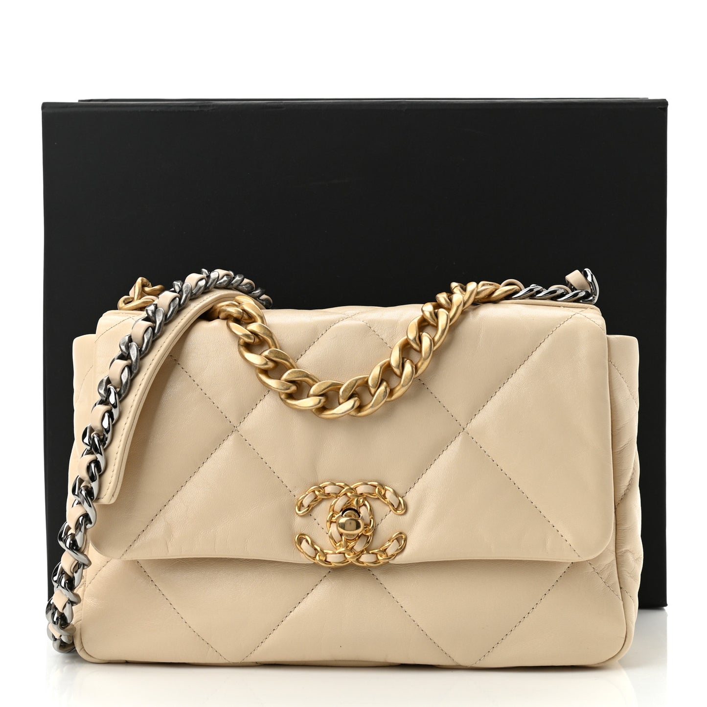 Shiny Goatskin Quilted Medium Chanel 19 Flap Beige
