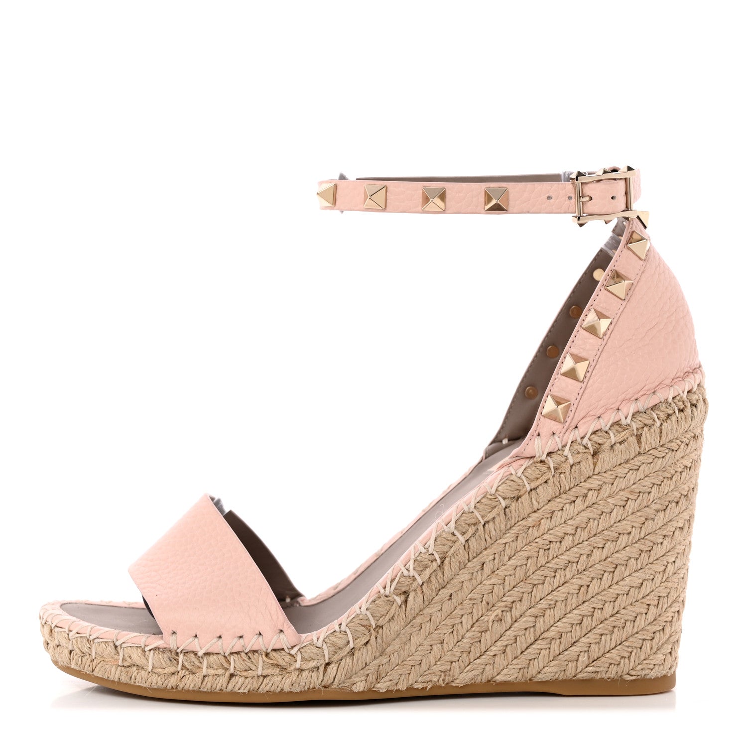 Valentino Garavani Grained Calfskin Rockstud Ankle Strap Espadrille 15/105mm Wedge Sandals 39 Rose Quartz Natural 1 of 14