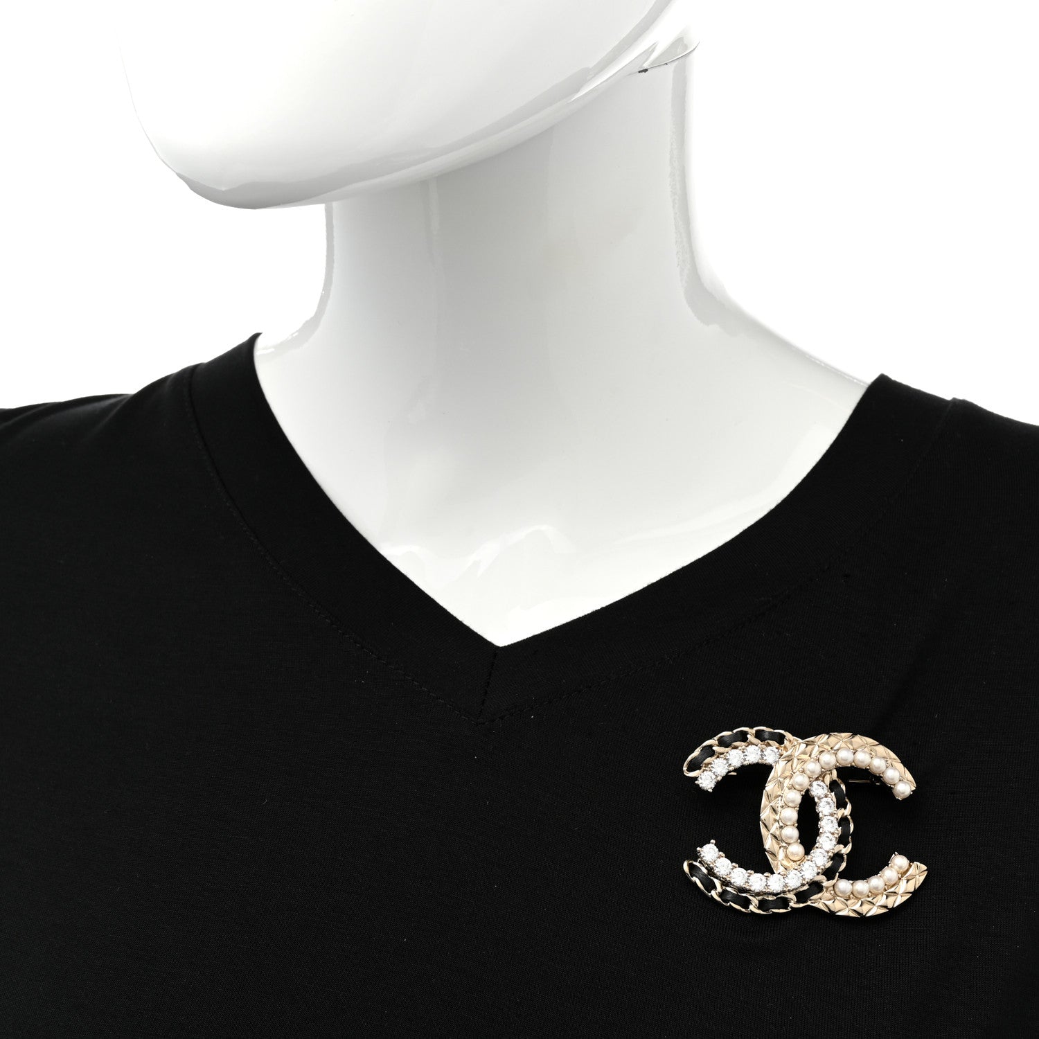 Chanel Lambskin Pearl Crystal Quilted CC Brooch Black Gold 2 of 5
