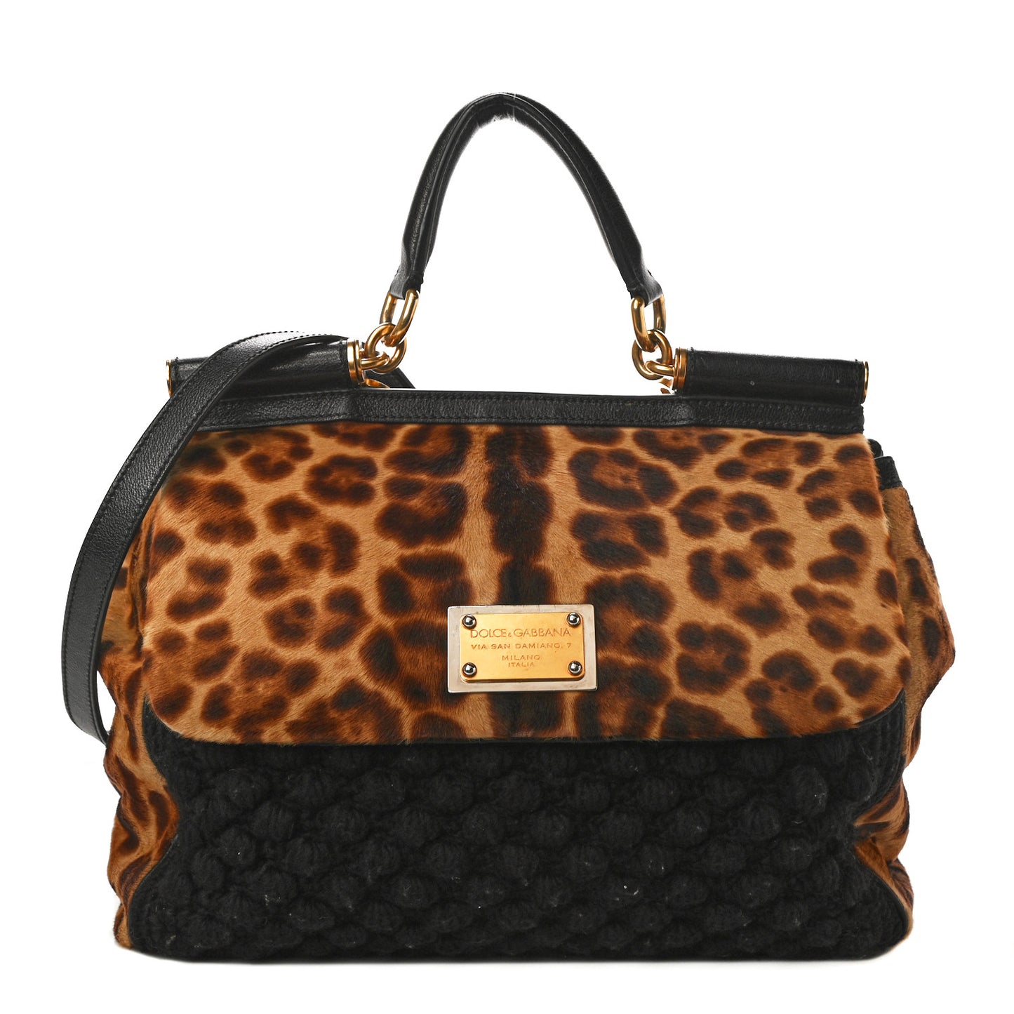 Calf Hair Leopard Print Knit Miss Sicily Satchel Black Naturale