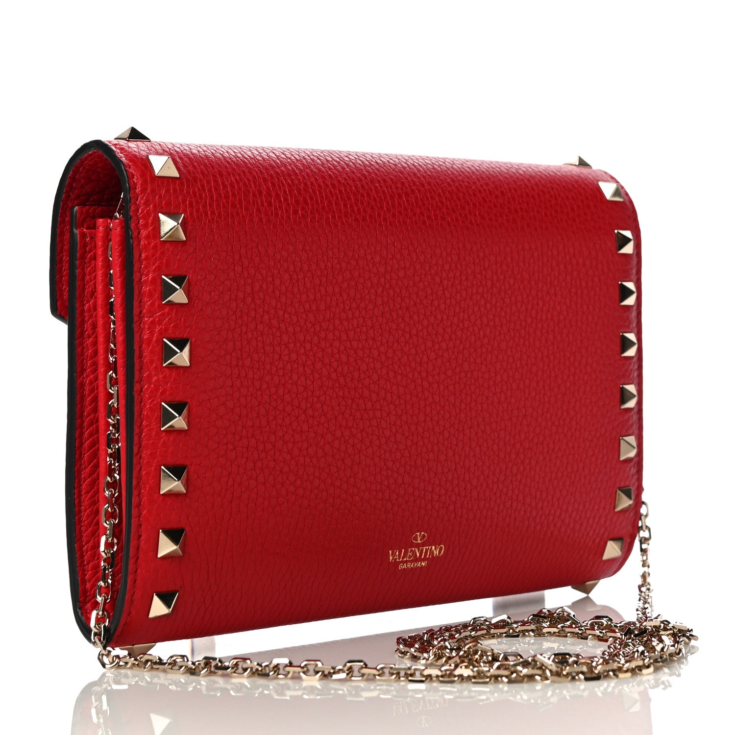 Valentino Garavani Pebbled Calfskin Rockstud Envelope Wallet on Chain Rouge Pur 3 of 10