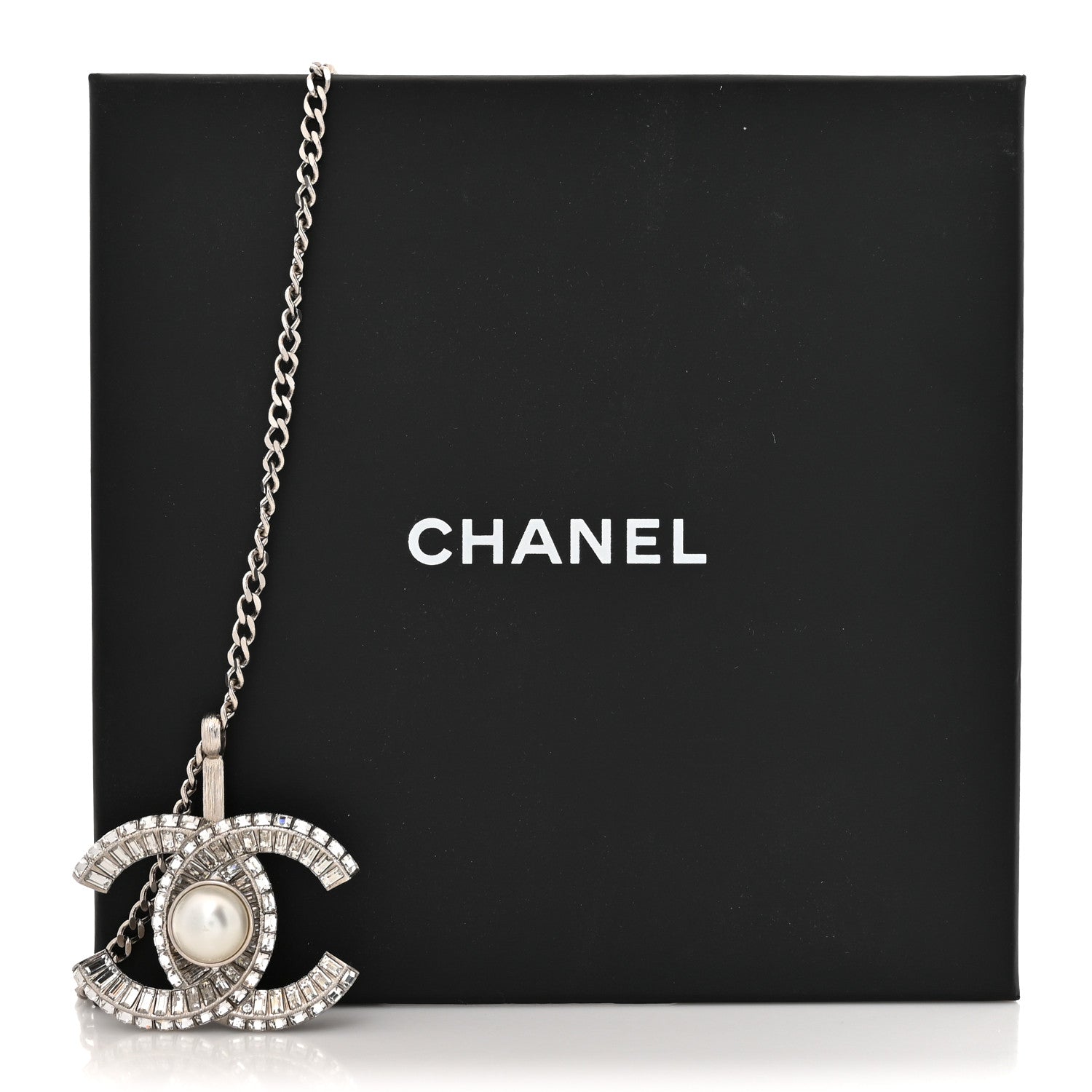 Chanel Pearl Baguette Crystal Large CC Pendant Necklace Silver 5 of 5