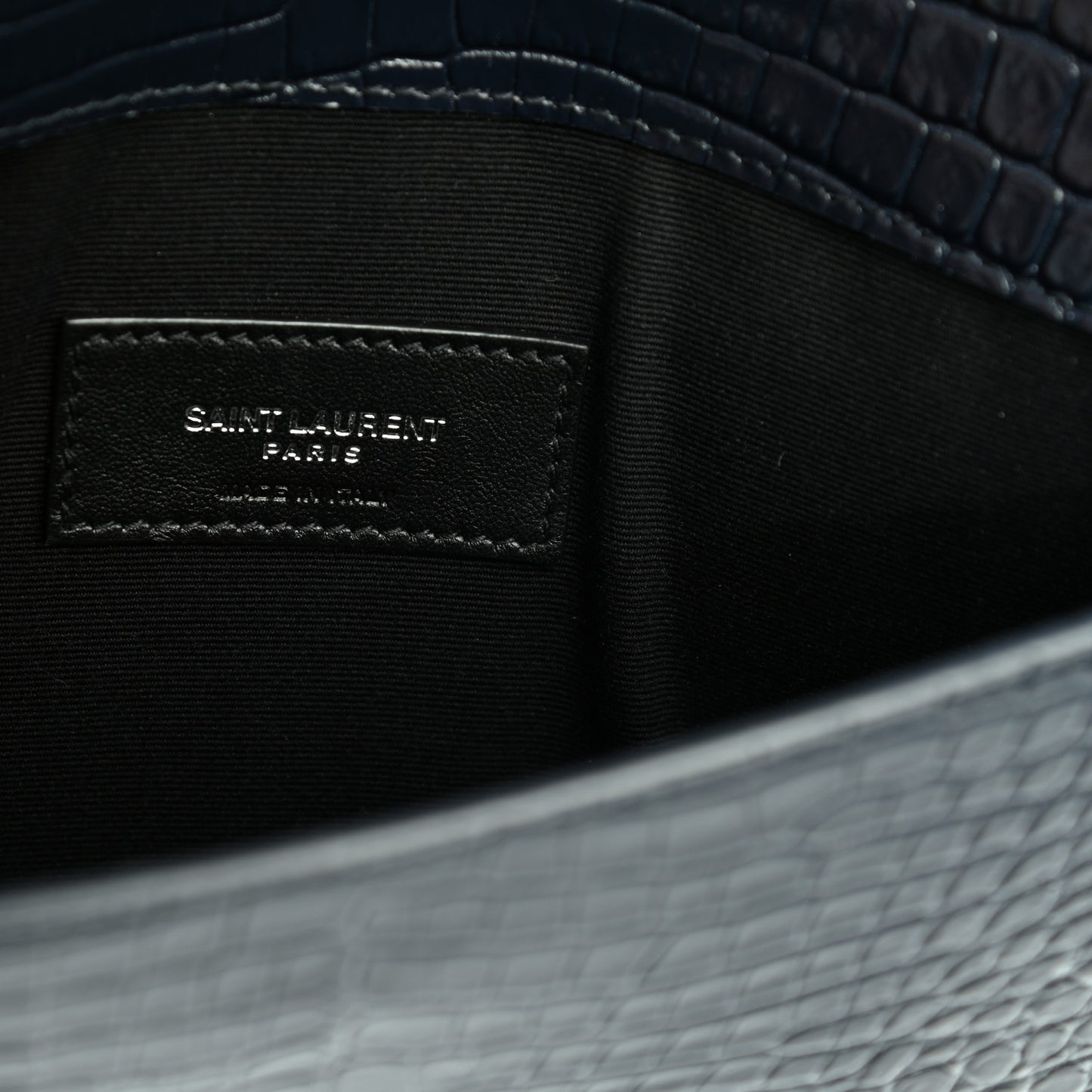 Calfskin Crocodile Embossed Uptown Monogram Clutch Deep Marine