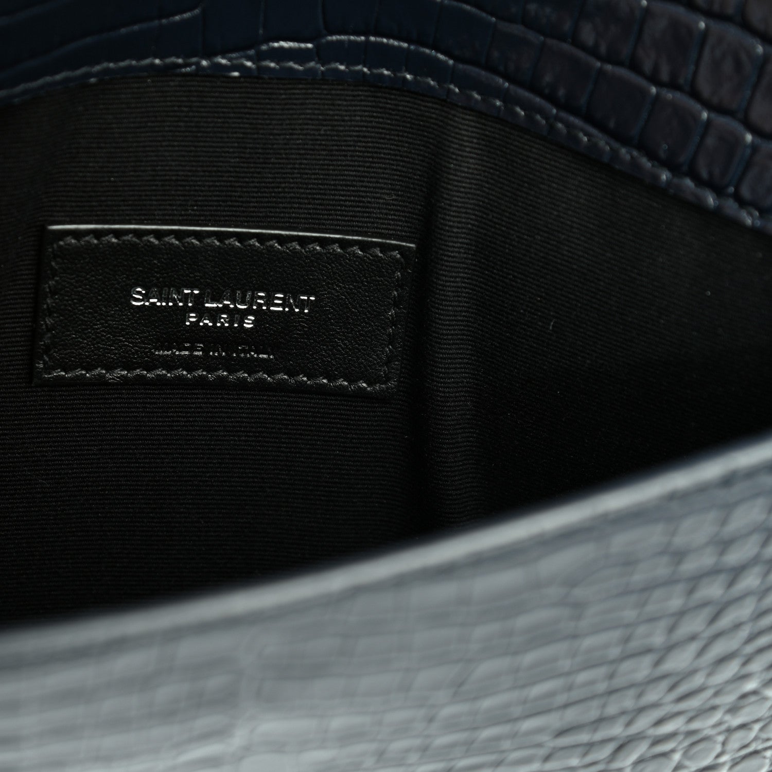 Saint Laurent Calfskin Crocodile Embossed Uptown Monogram Clutch Deep Marine 6 of 6