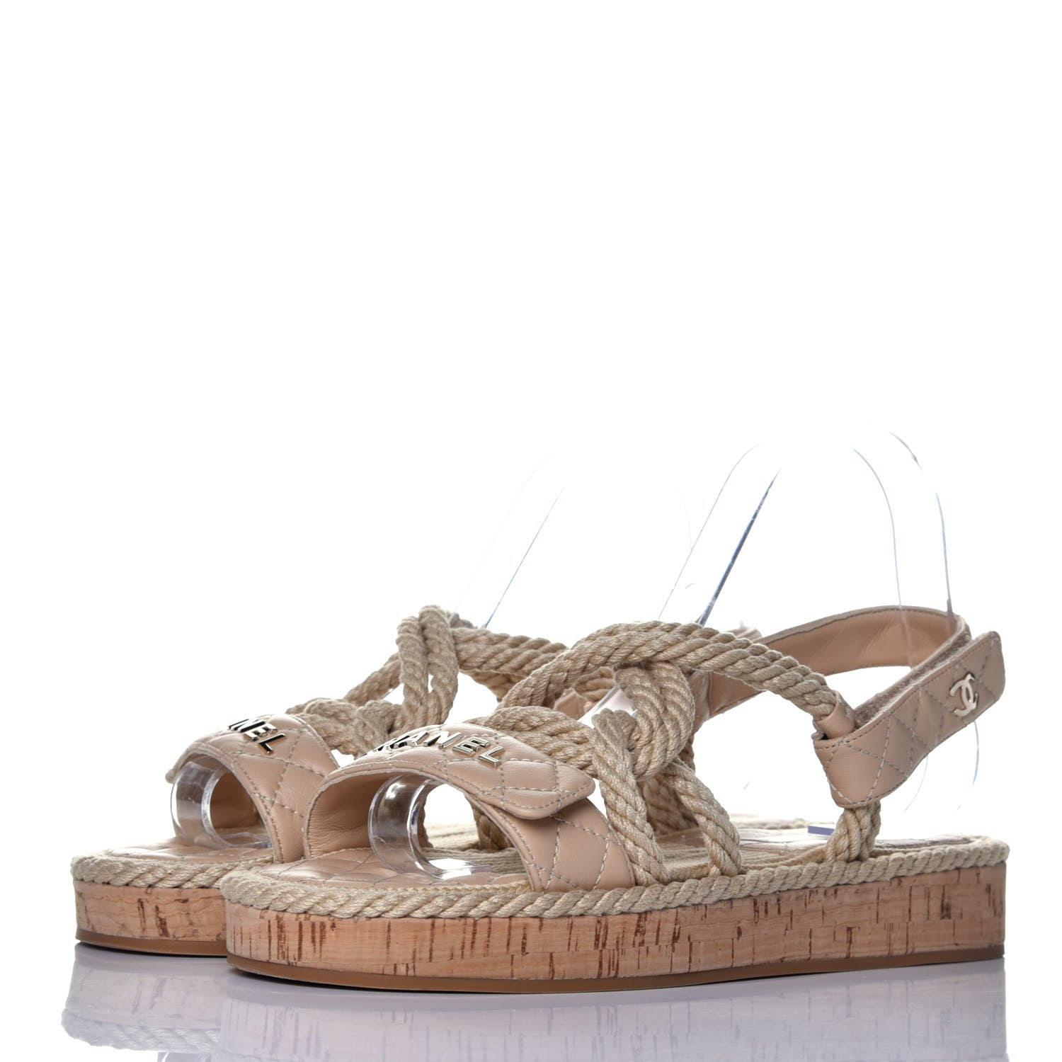 Chanel Cord Lambskin Quilted Logo Sandals 38 Beige 3 of 10