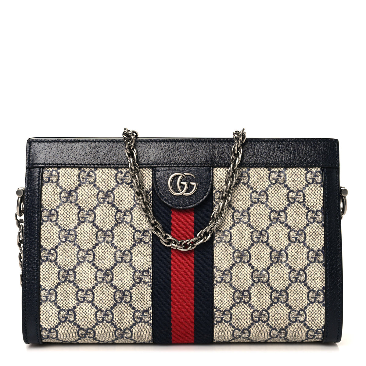 GG Supreme Monogram Textured Dollar Calfskin Web Small Ophidia Chain Shoulder Bag Beige Blue