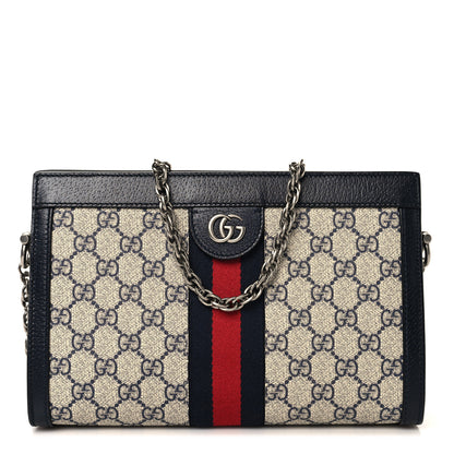 Gucci GG Supreme Monogram Textured Dollar Calfskin Web Small Ophidia Chain Shoulder Bag Beige Blue 1 of 10