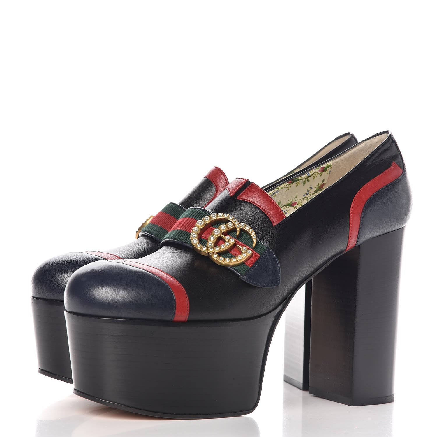 Gucci Malaga Kid Web Pearly GG Platform Loafer Pumps 40 Black Hibiscus Red Mystic White Blue 3 of 8