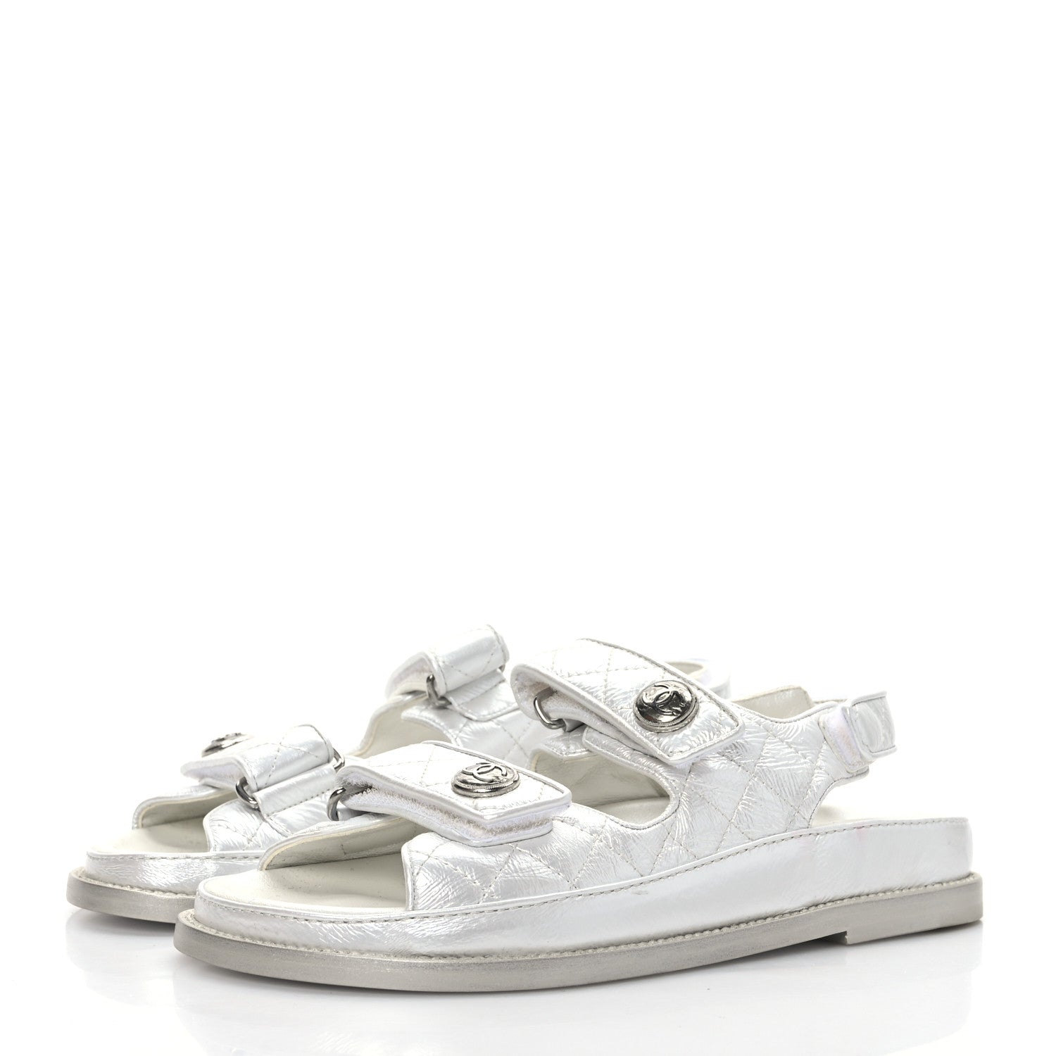 Chanel Laminated Lambskin Quilted Velcro Dad Sandals 37 Silver 3 of 8