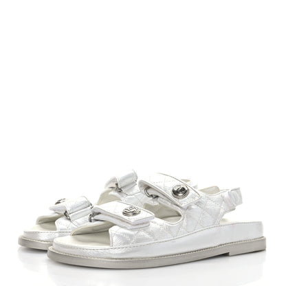 Chanel Laminated Lambskin Quilted Velcro Dad Sandals 37 Silver 3 of 8
