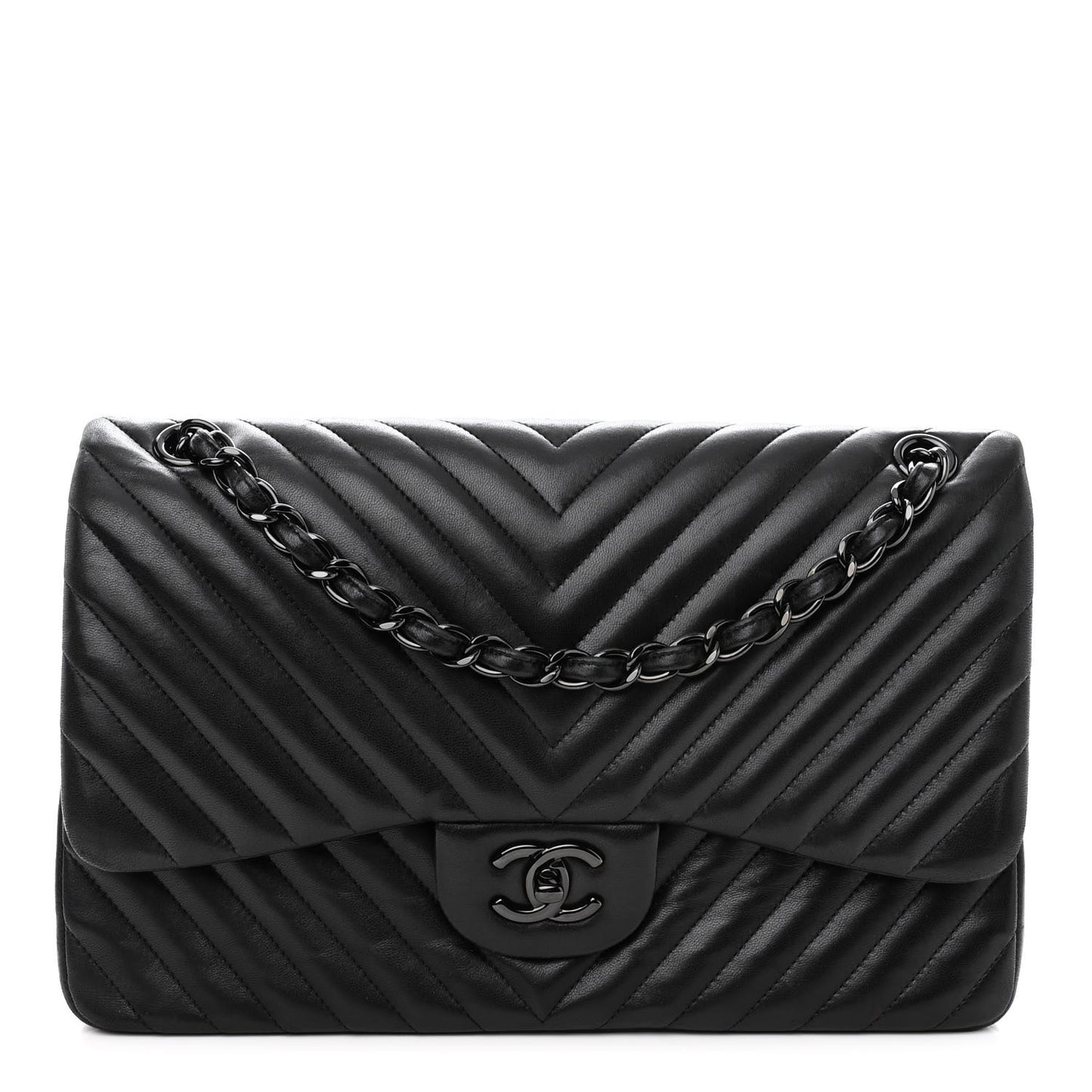 Lambskin Chevron Quilted Jumbo Double Flap So Black