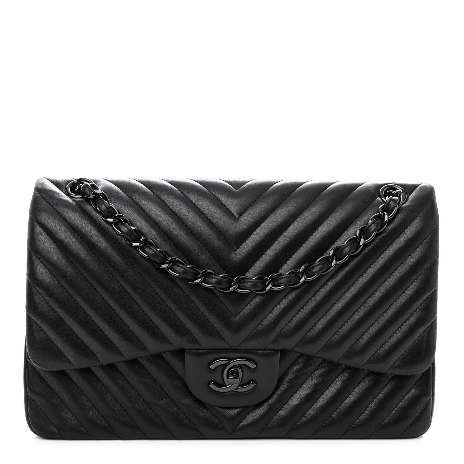 Chanel Lambskin Chevron Quilted Jumbo Double Flap So Black 1 of 11